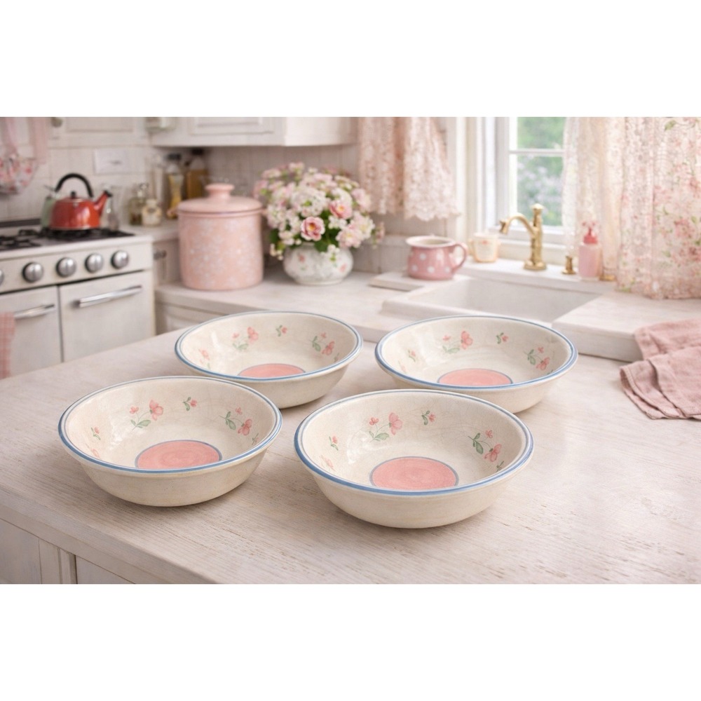Vintage 90's Newcor Stoneware Pink Floral Bowls Blue Rim Cottagecore Set 4